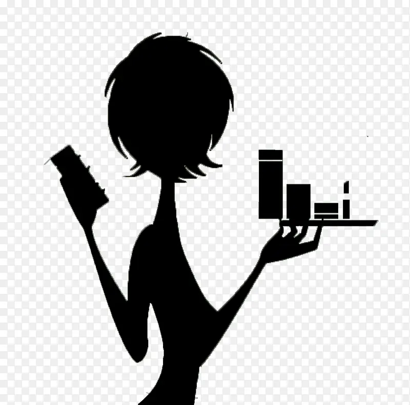拿化妆瓶的短发女孩黑色剪影