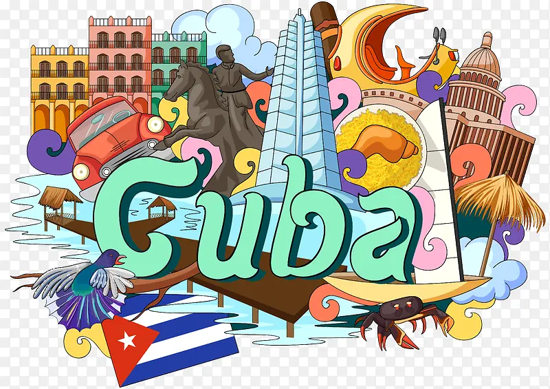 古巴建筑英文地标手绘