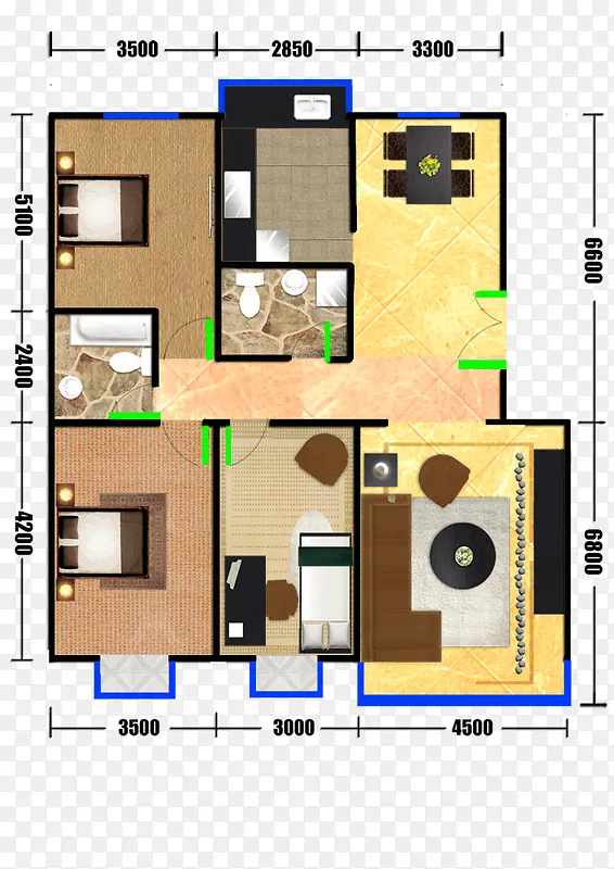 家装效果图三房两厅户型图彩平图