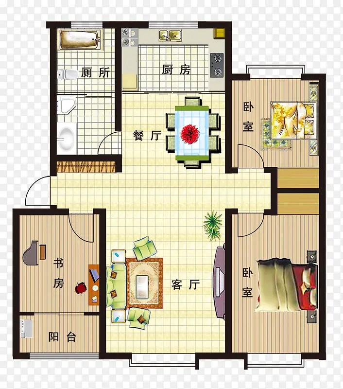 家装效果图精致三房两厅户型图