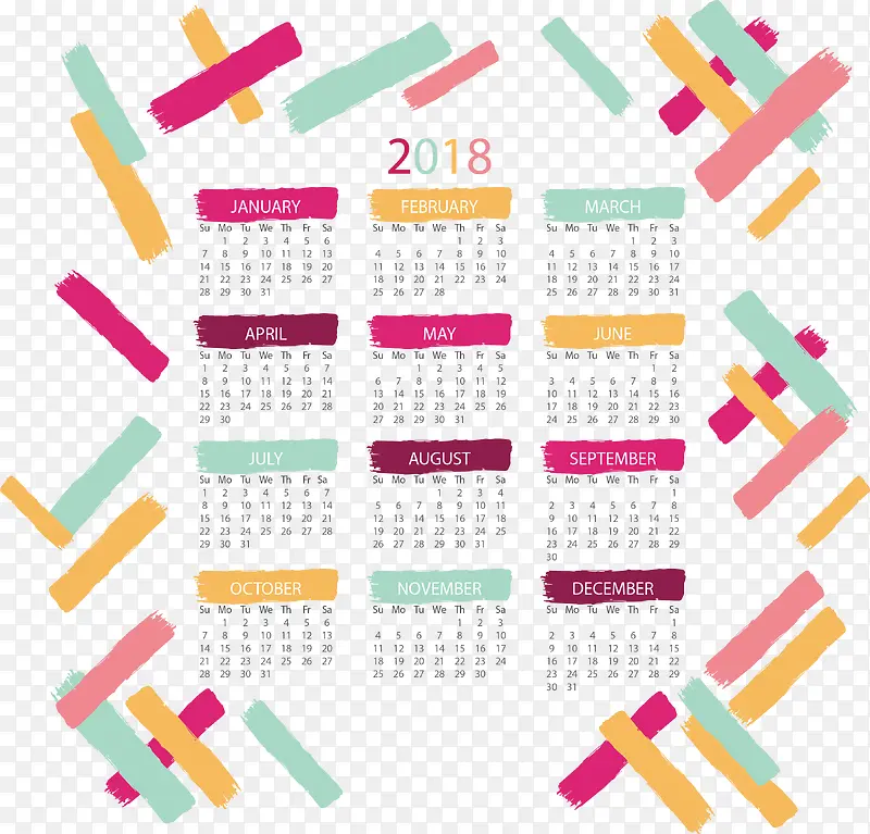 彩色笔刷日历模板