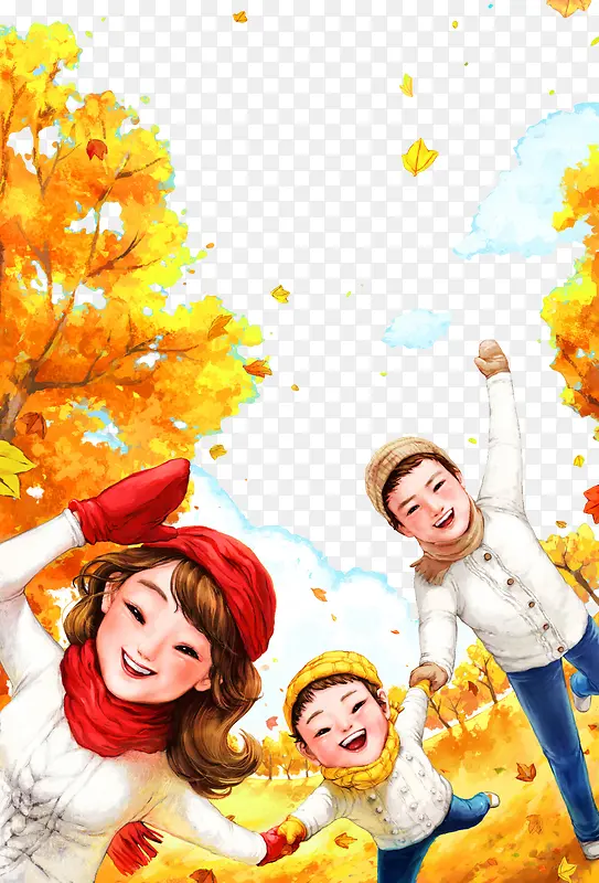 手绘卡通一家人秋天郊外游玩