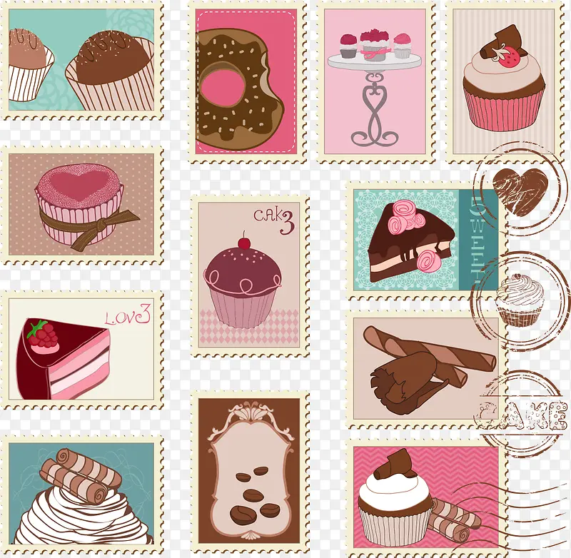 现代手绘彩色甜品邮票