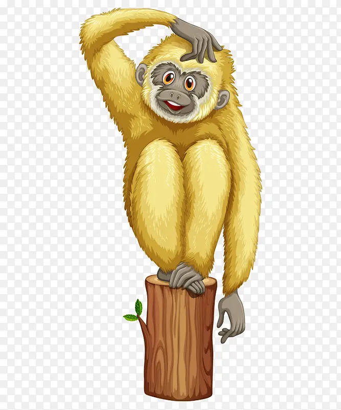 卡通手绘站木头上猴子
