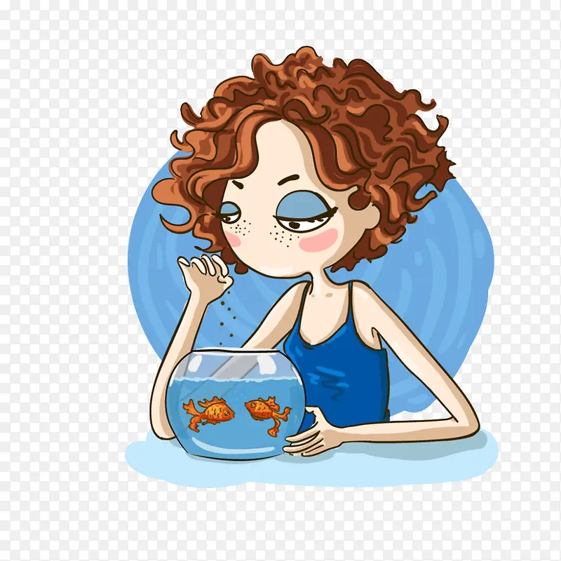 卡通女生和鱼缸