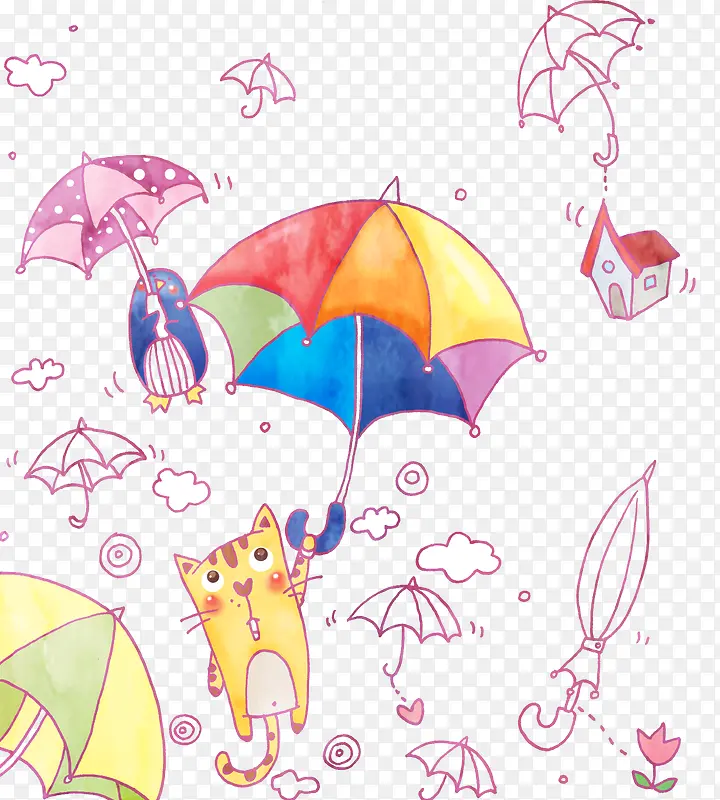 创意卡通圆圈手绘雨伞小猫咪
