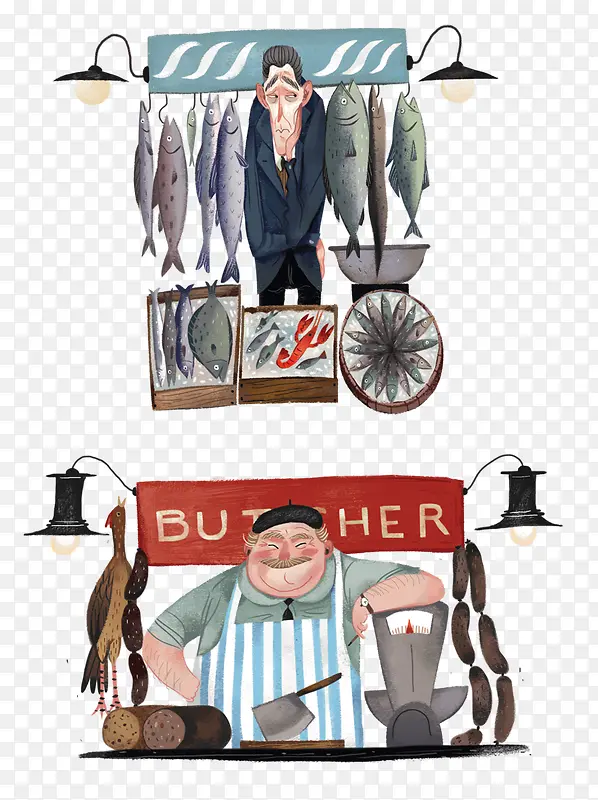 卡通卖咸鱼的男人