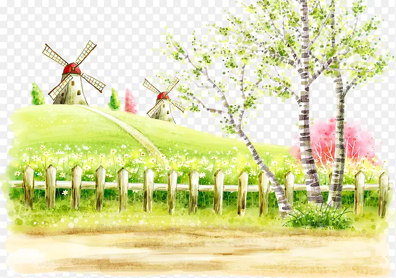 草地上的风车和小树