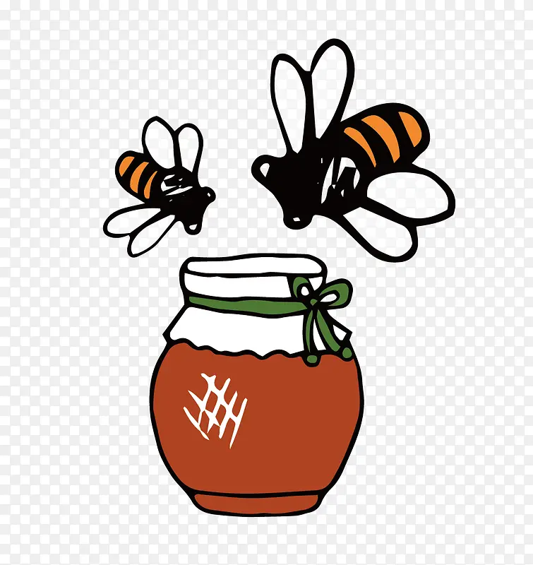 手绘蜂蜜罐子和蜜蜂