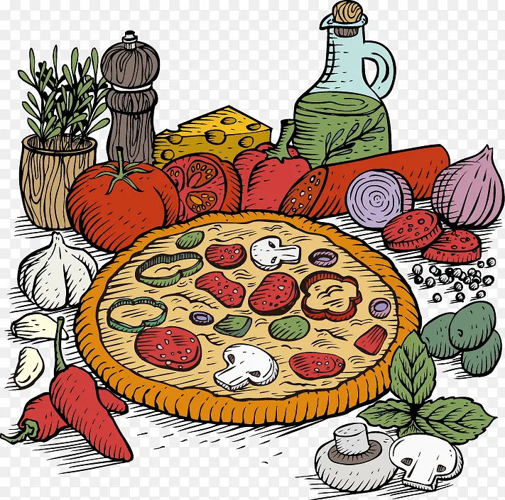 手绘水果蔬菜披萨材料