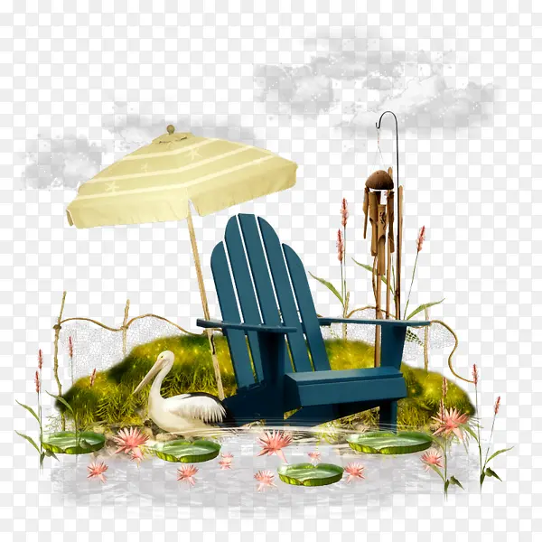河边椅子和伞