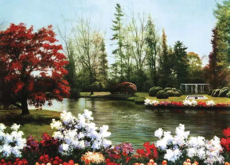 树木鲜花河流画背景