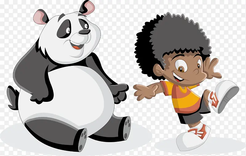 卡通熊猫与男生矢量图