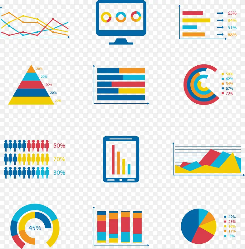 矢量手绘彩色扁平图表数据