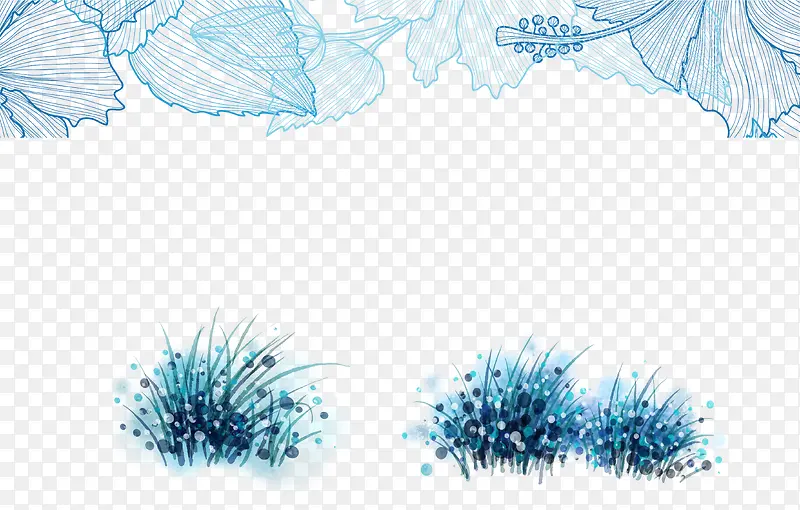蓝色线条树叶手绘杂草矢量图