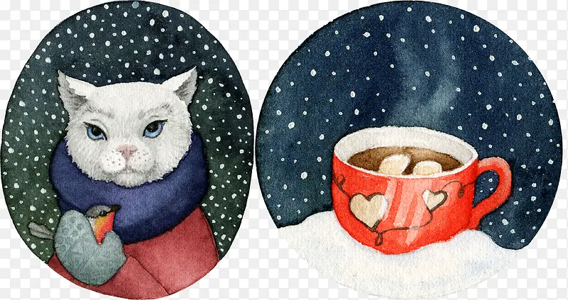 水彩猫和咖啡插画素材