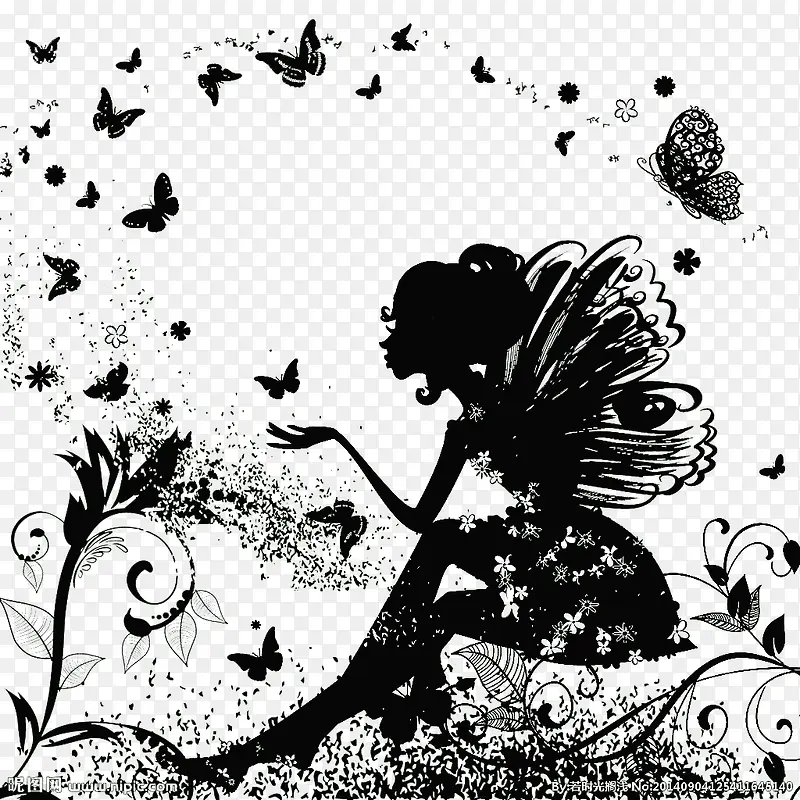 被蝴蝶围绕的花女孩黑色装饰