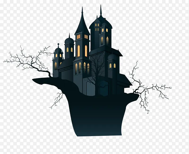 矢量黑色创意树枝上的城堡古堡