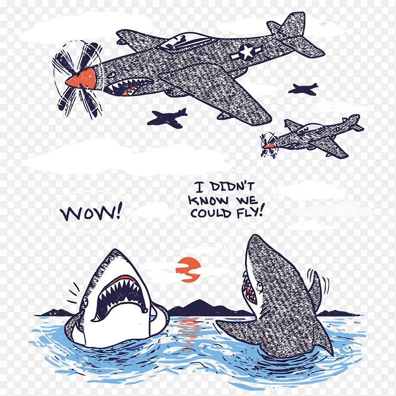 矢量卡通飞机和鲨鱼