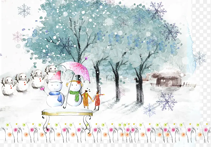 冬季清新蓝色大树雪人