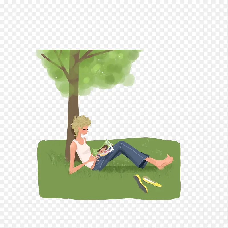 在草地上靠着树看书的女孩