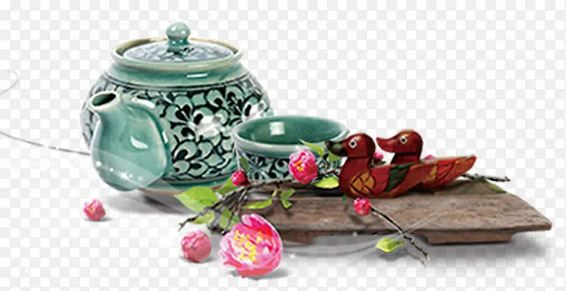鸳鸯瓷器茶杯图案PNG图