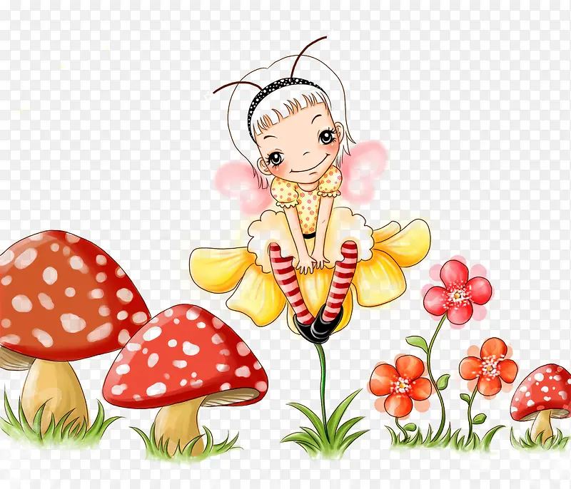 小女孩蘑菇鲜花草地可爱