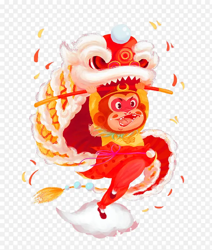 红色中国风舞狮孙悟空装饰图案