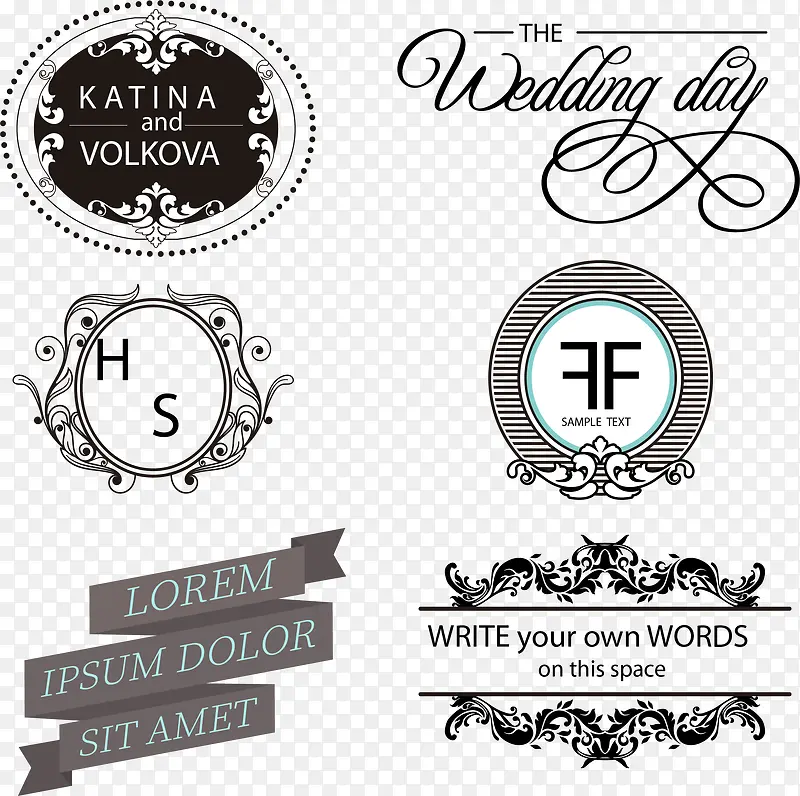 6款婚礼花纹标签矢量素材