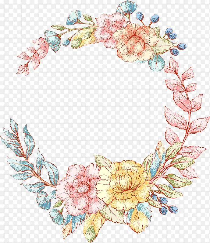 手绘卡通花草花环