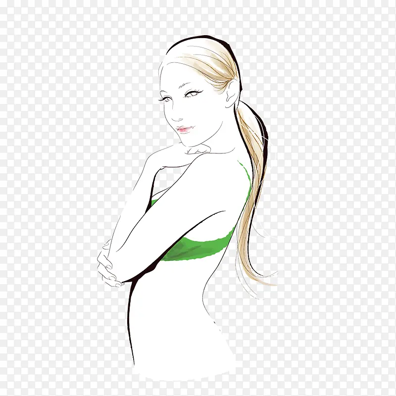 矢量绿色胸罩纹绣彩绘美女