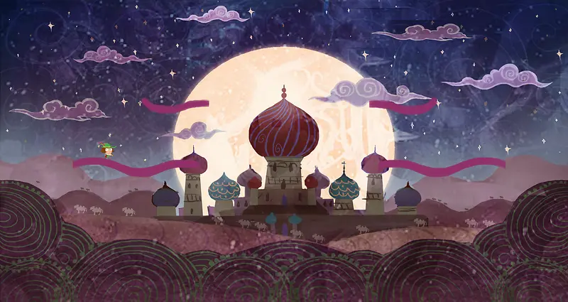 城堡插画夜景童装背景