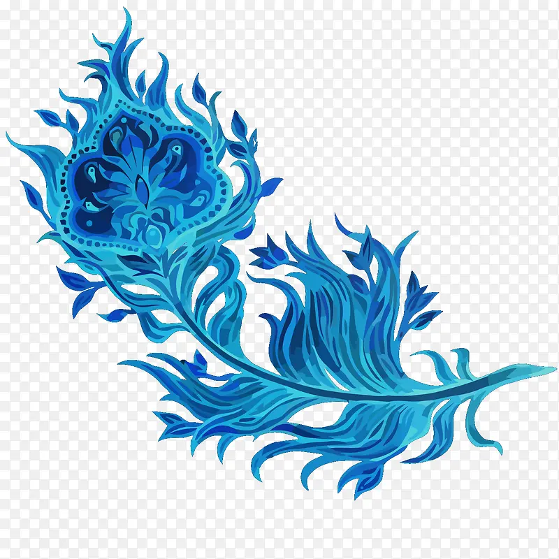 矢量水彩蓝色羽毛