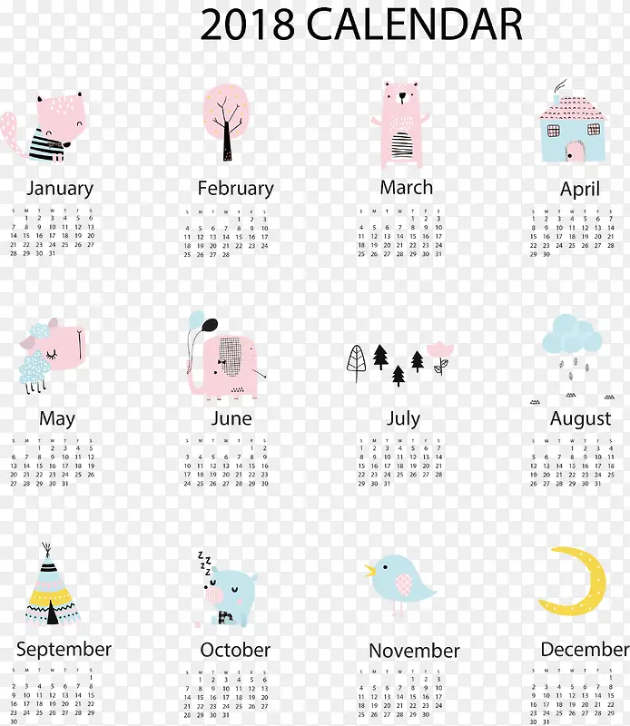 可爱小动物日历模板