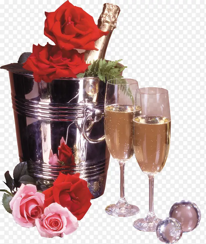 桶里的玫瑰花香槟西餐