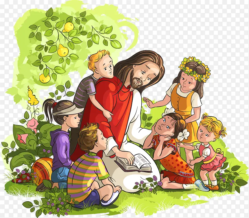 看圣经的矢量耶稣与儿童