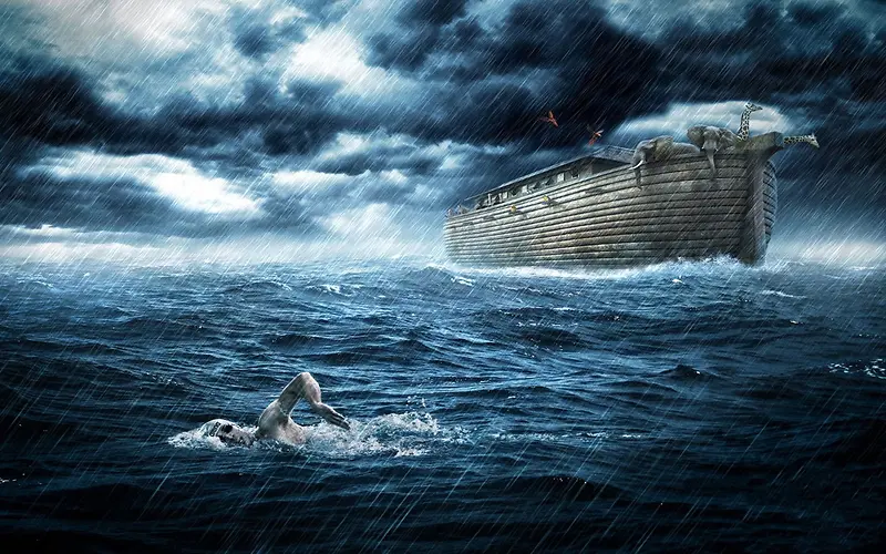 暴风雨中游泳的人大船海报背景