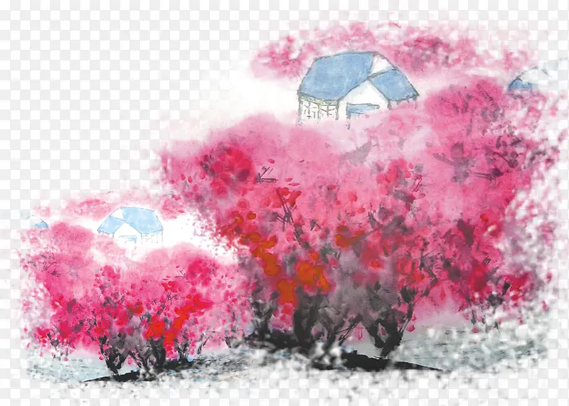 粉色水彩花树风景