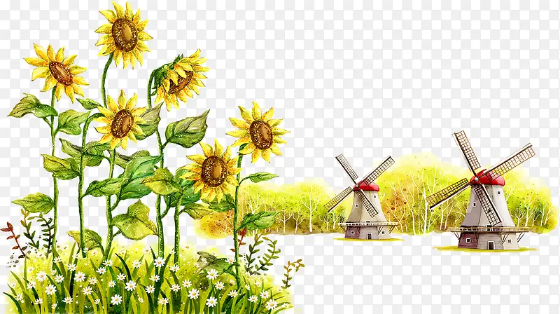 创意高清合成效果风车黄色的向日葵花卉植物