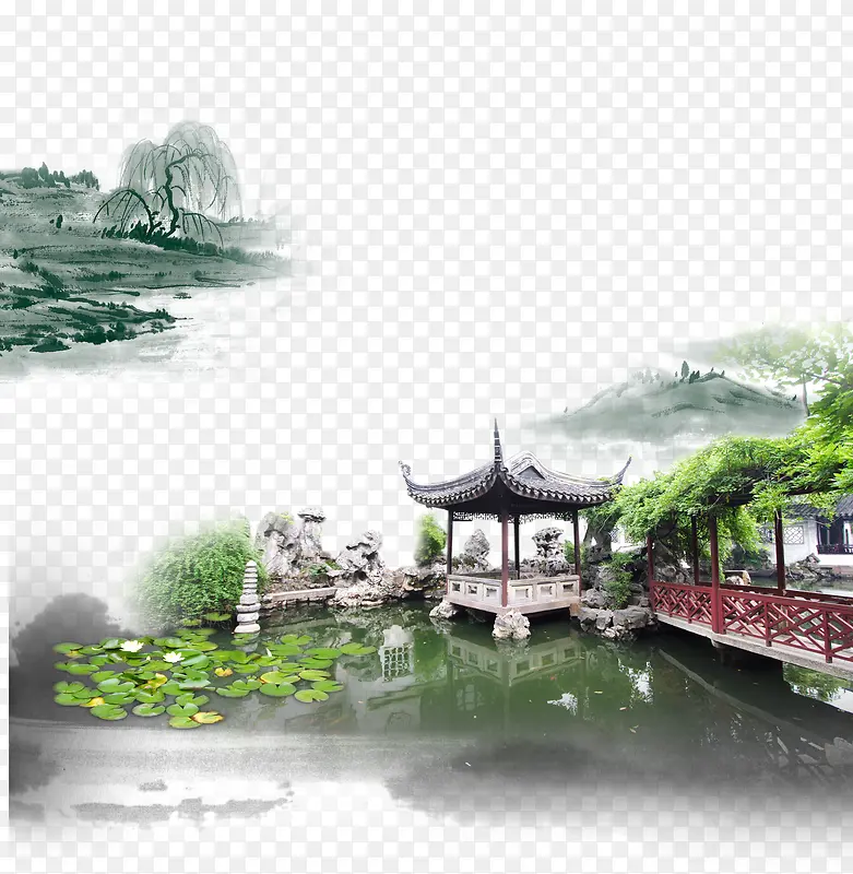 中国风绿水古宅素材背景