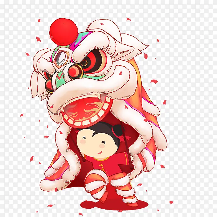 手绘舞狮子的小女孩