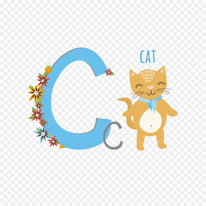 蓝色的字母C小猫免抠素材