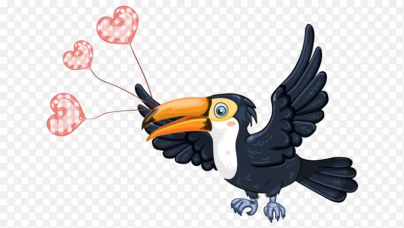 卡通手绘黑色鹦鹉飞行叼心形气球