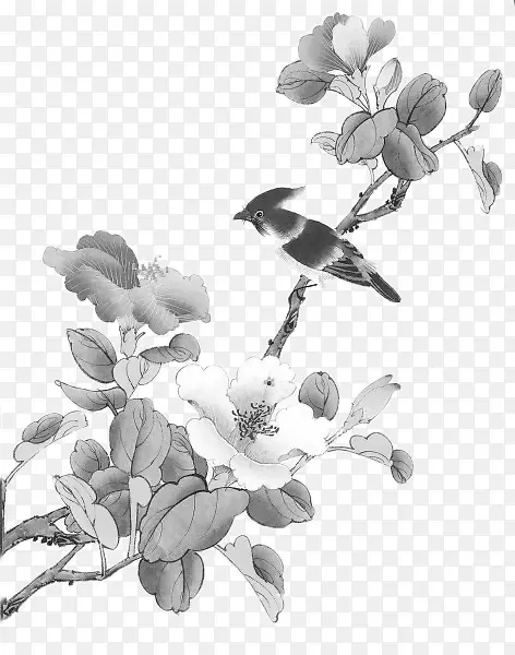 水墨树枝上的小鸟