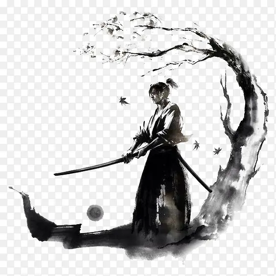中国风水墨画树下的剑客