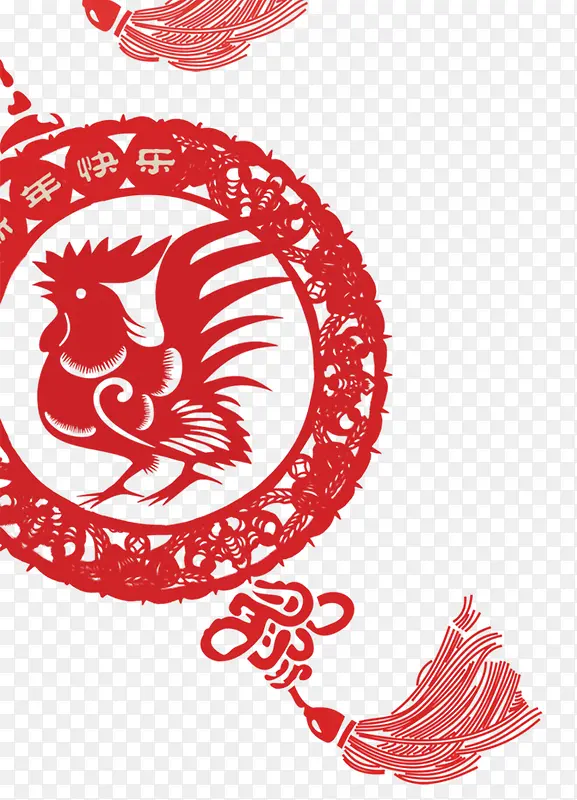 红色中国结和公鸡剪纸