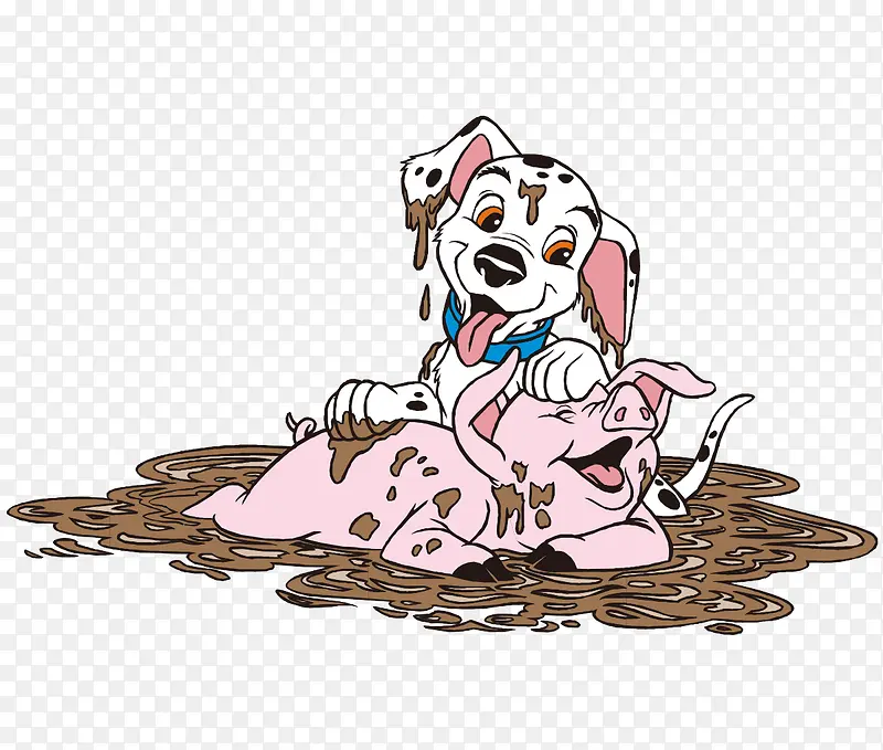 矢量卡通手绘可爱斑点狗猪玩耍