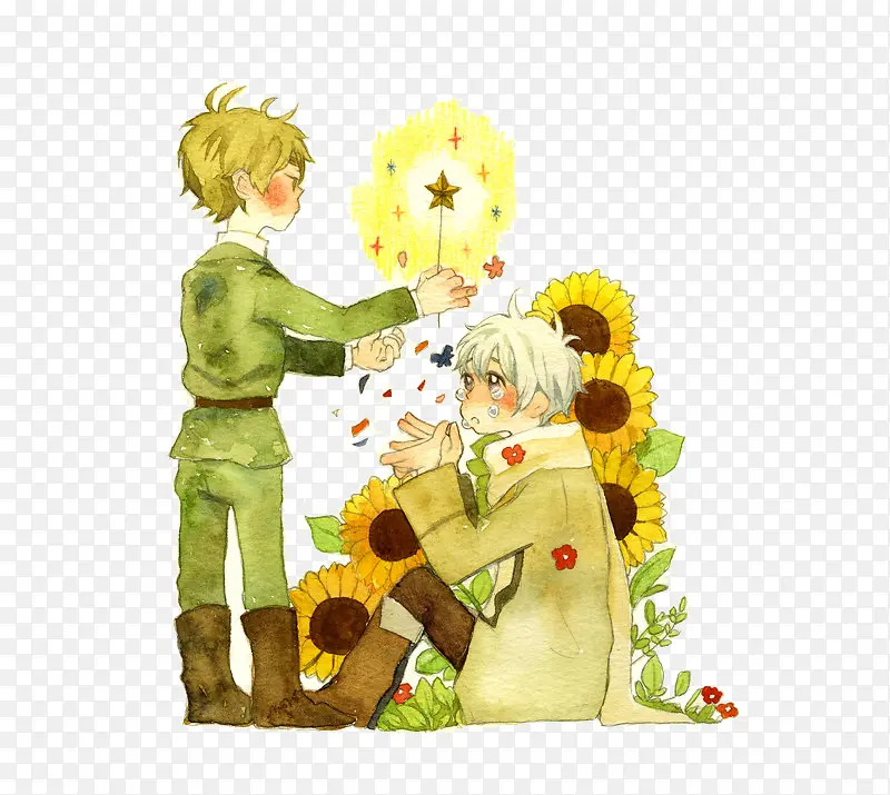 手绘插画两个小男孩