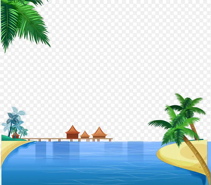 卡通手绘矢量大海椰树沙滩风景