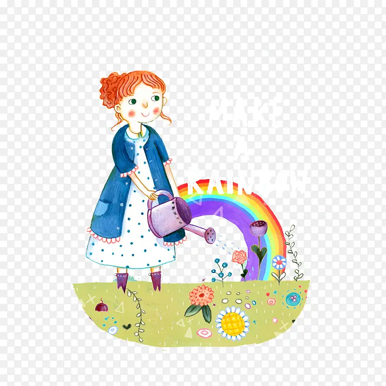 手绘女孩给花浇水
